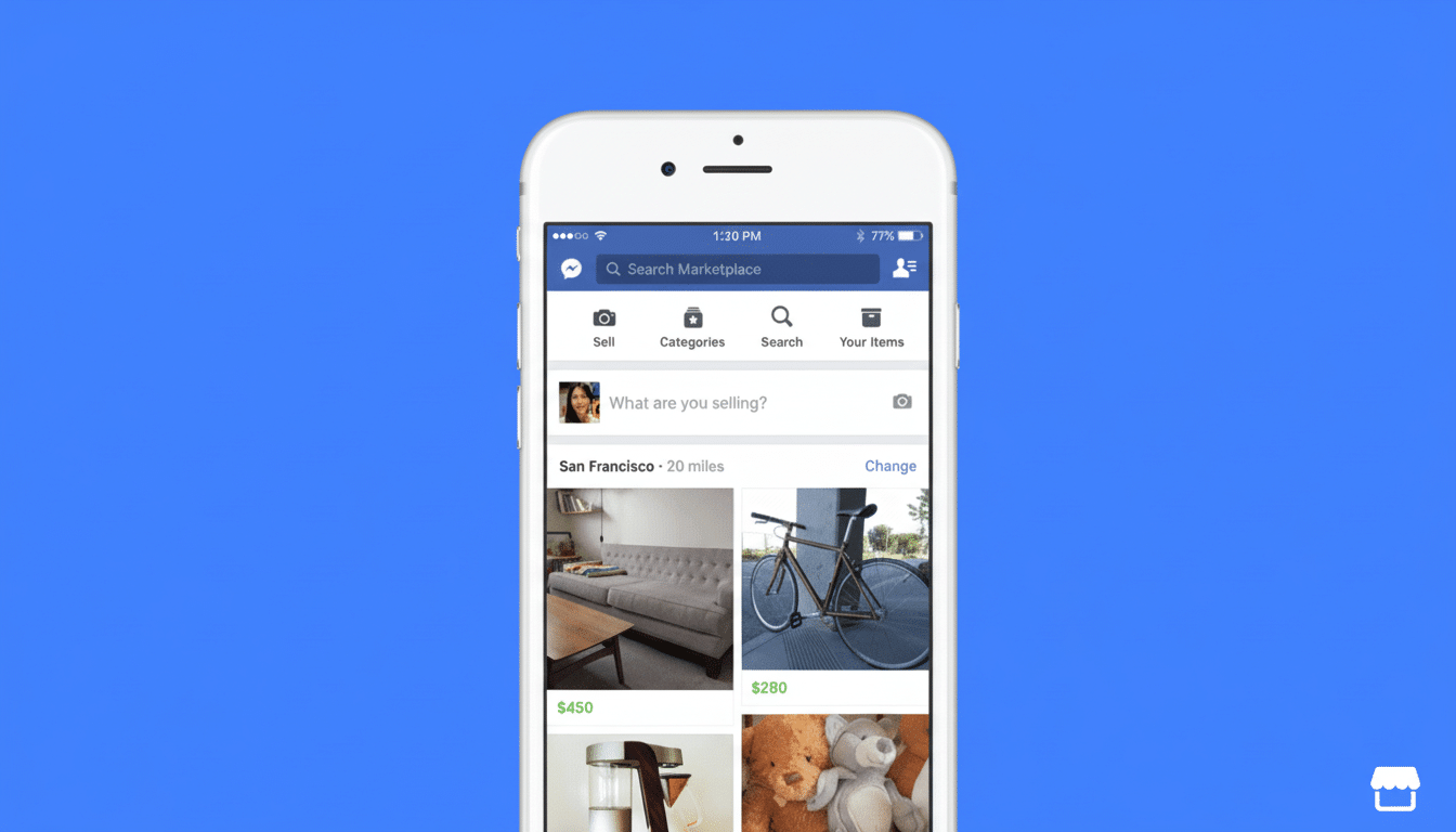 A white iPhone displaying the Facebook Marketplace interface , showcasing various items for sale.