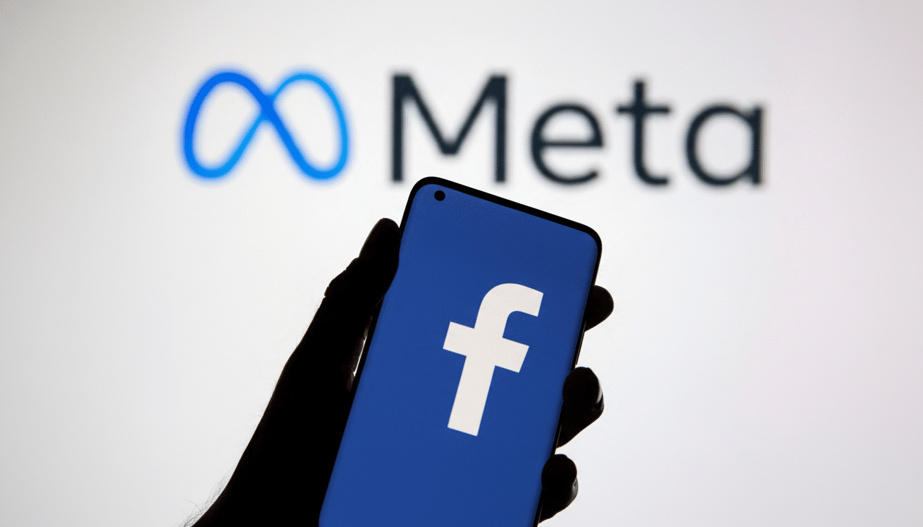 A hand holding a smartphone displaying the Facebook logo, with the Meta logo blurred in the background.
