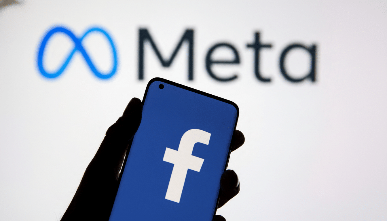 A hand holding a smartphone displaying the Facebook logo, with the Meta logo blurred in the background.