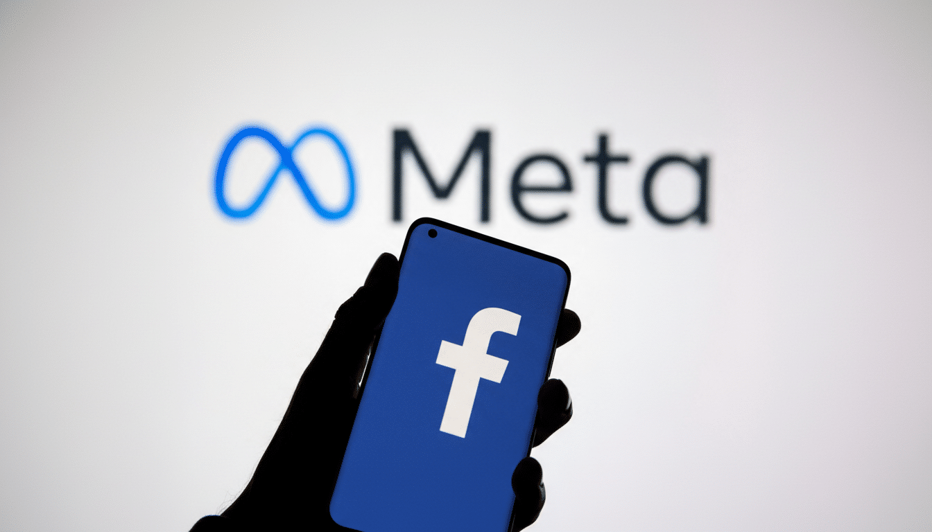 A hand holding a smartphone displaying the Facebook logo against a blurred background with the Meta logo.
