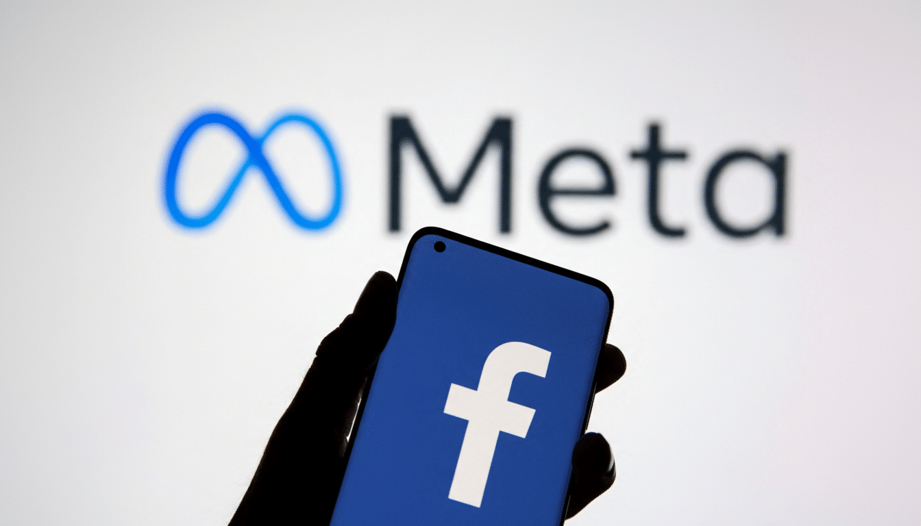 A hand holding a smartphone displaying the Facebook logo, with the Meta logo blurred in the background, resized to a 16: 9 aspect ratio.