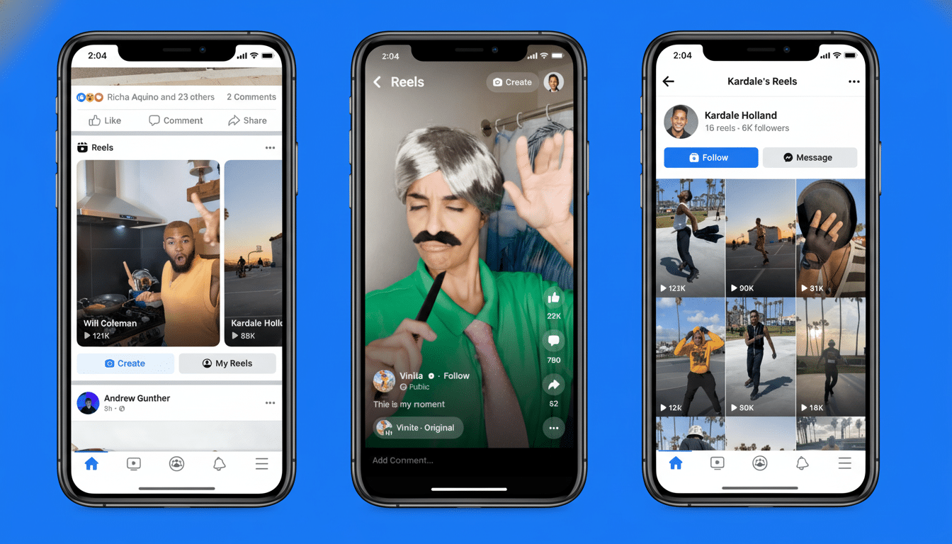 Three smartphones displaying Facebook Reels, showcasing different user interfaces and content.