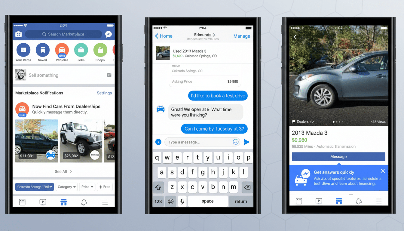Three mobile phone screens displaying the Facebook Marketplace interface, showcasing car listings, a chat conversation about a test drive , and details for a 2013 Mazda 3.