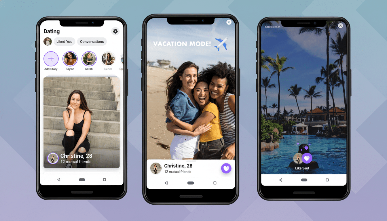 Three smartphone screens displaying a dating app interface , with the first screen showing a woman sitting on stairs, the second showing three women hugging on a beach, and the third showing a woman in a pool.