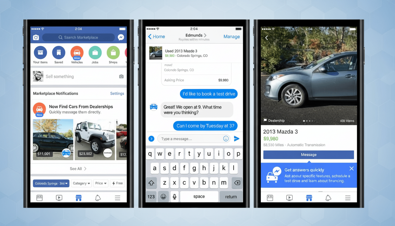 A professional presentation of three smartphone screens displaying Facebook Marketplace . The first screen shows the main Marketplace feed , the second shows a chat conversation about a car , and the third shows details of a car listing . The background is a soft blue gradient with subtle hexagonal patterns. Filename : facebookmarketplace appscreens . png