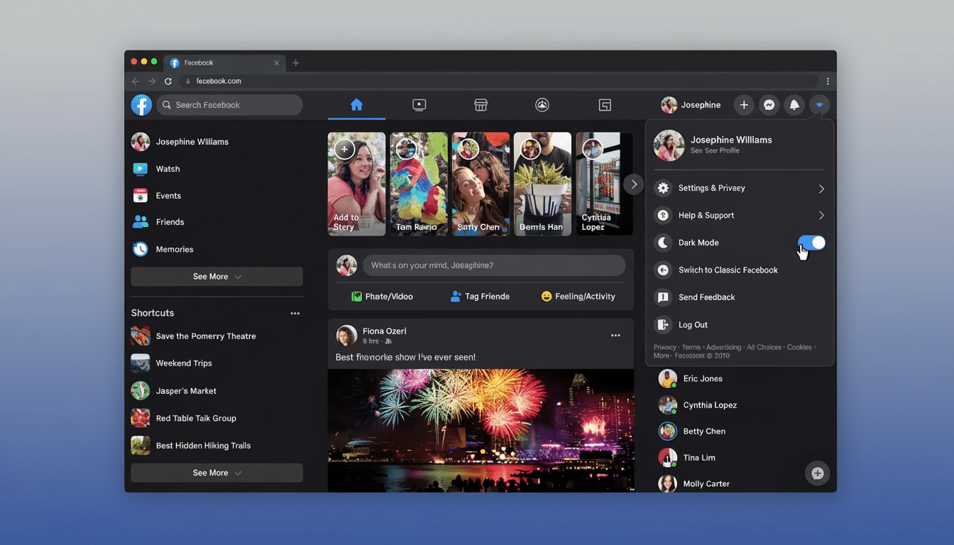 A professional screenshot of the Facebook website in dark mode, shown within a web browser, with the Dark Mode toggle highlighted.