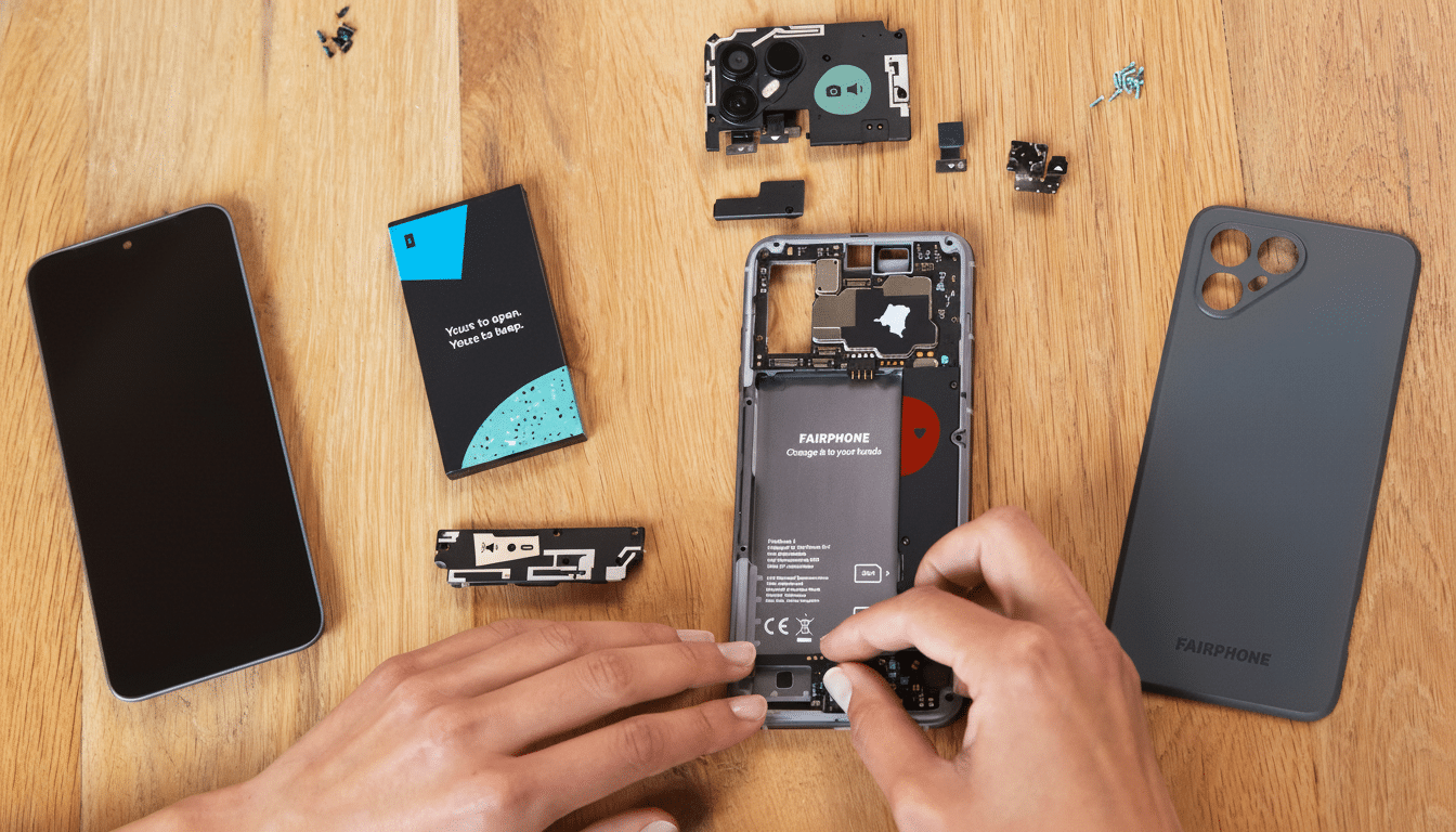 An overhead shot of a person's hands assembling a Fair phone on a wooden table , with various phone components laid out.
