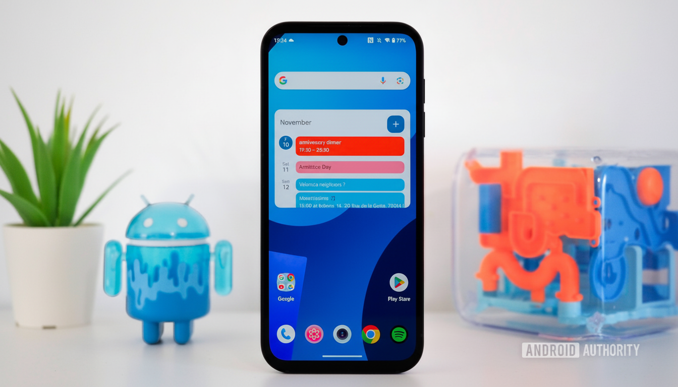 A smartphone displaying a calendar app with various events, set against a blurred background featuring a small green plant and a blue Android figurine.