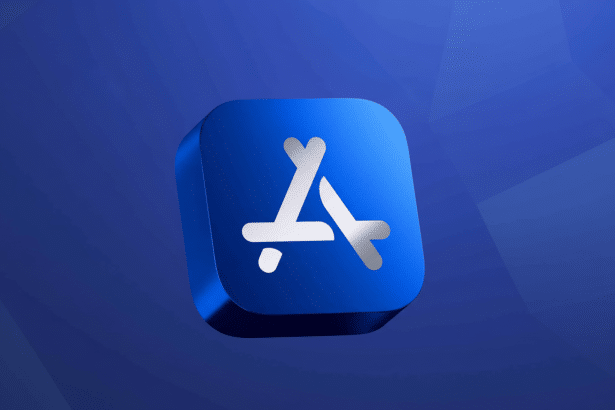 The Apple App Store icon, a stylized white 'A' with a triangle on top, is rendered in 3D on a deep blue rounded square, against a professionally enhanced background of soft blue gradients and subtle geometric patterns, resized to a 1 6:9 aspect ratio. Filename : appstore icon1 6x 9. png