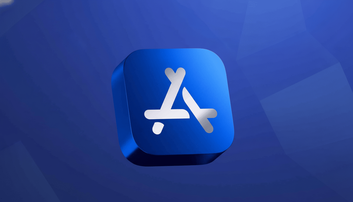 The Apple App Store icon, a stylized white 'A' with a triangle on top, is rendered in 3D on a deep blue rounded square, against a professionally enhanced background of soft blue gradients and subtle geometric patterns, resized to a 1 6:9 aspect ratio. Filename : appstore icon1 6x 9. png