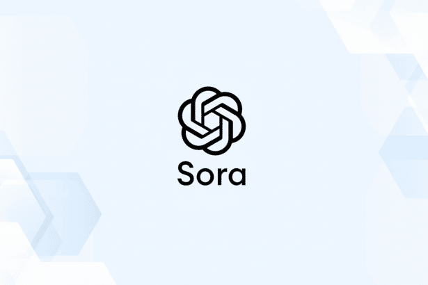 The OpenAI Sora logo, featuring a stylized , abstract black geometric knot symbol above the word Sora in black text , set against a light blue and white hexagonal pattern background.
