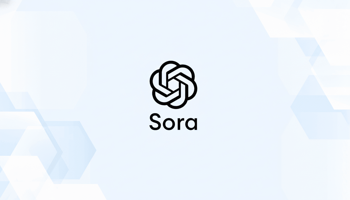 The OpenAI Sora logo, featuring a stylized , abstract black geometric knot symbol above the word Sora in black text , set against a light blue and white hexagonal pattern background.