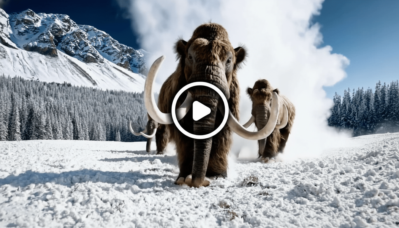 A family of wool ly mammoths walking through a snowy, mountainous landscape.