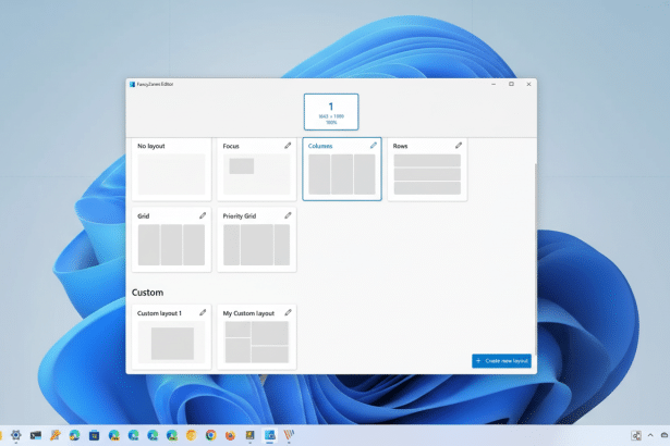FancyZones Editor displaying layout options with Columns selected, shown on a Windows 11 desktop.
