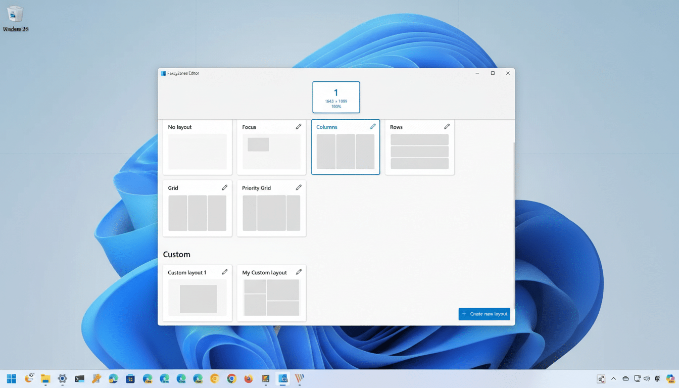 FancyZones Editor displaying layout options with Columns selected, shown on a Windows 11 desktop.