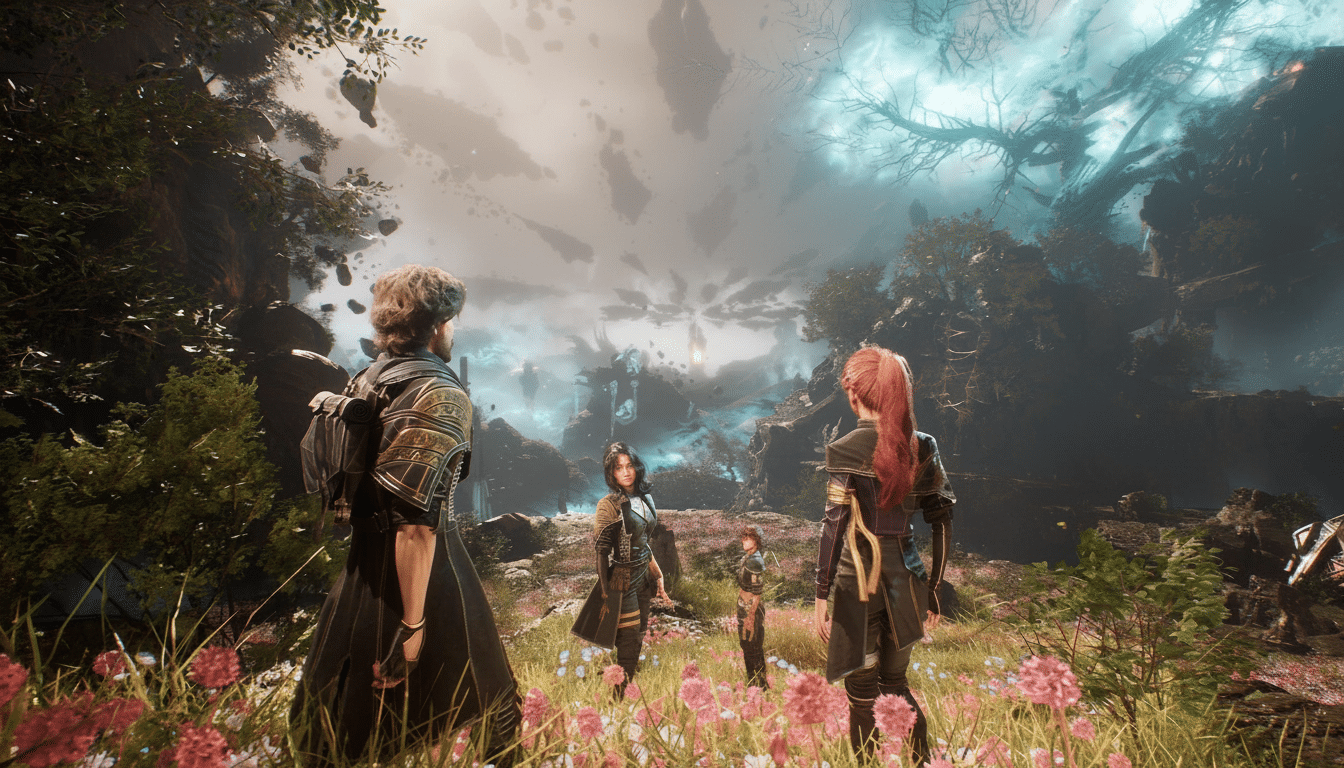 Four characters in a fantasy landscape with glowing flora and a dramatic , cloudy sky. Filename : fantasy landscapecharacters .png