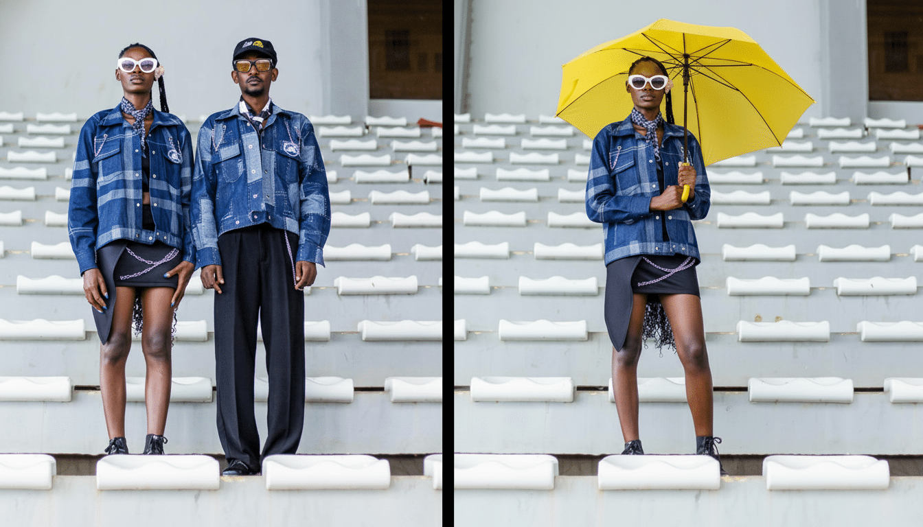 Two fashion models and one model with a yellow umbrella stand in stadium bleachers, all wearing denim jackets and sunglasses .