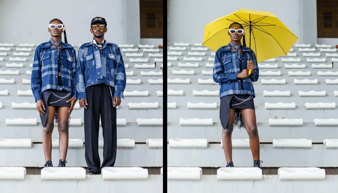 Two fashion models posing in an empty stadium, with one holding a yellow umbrella.