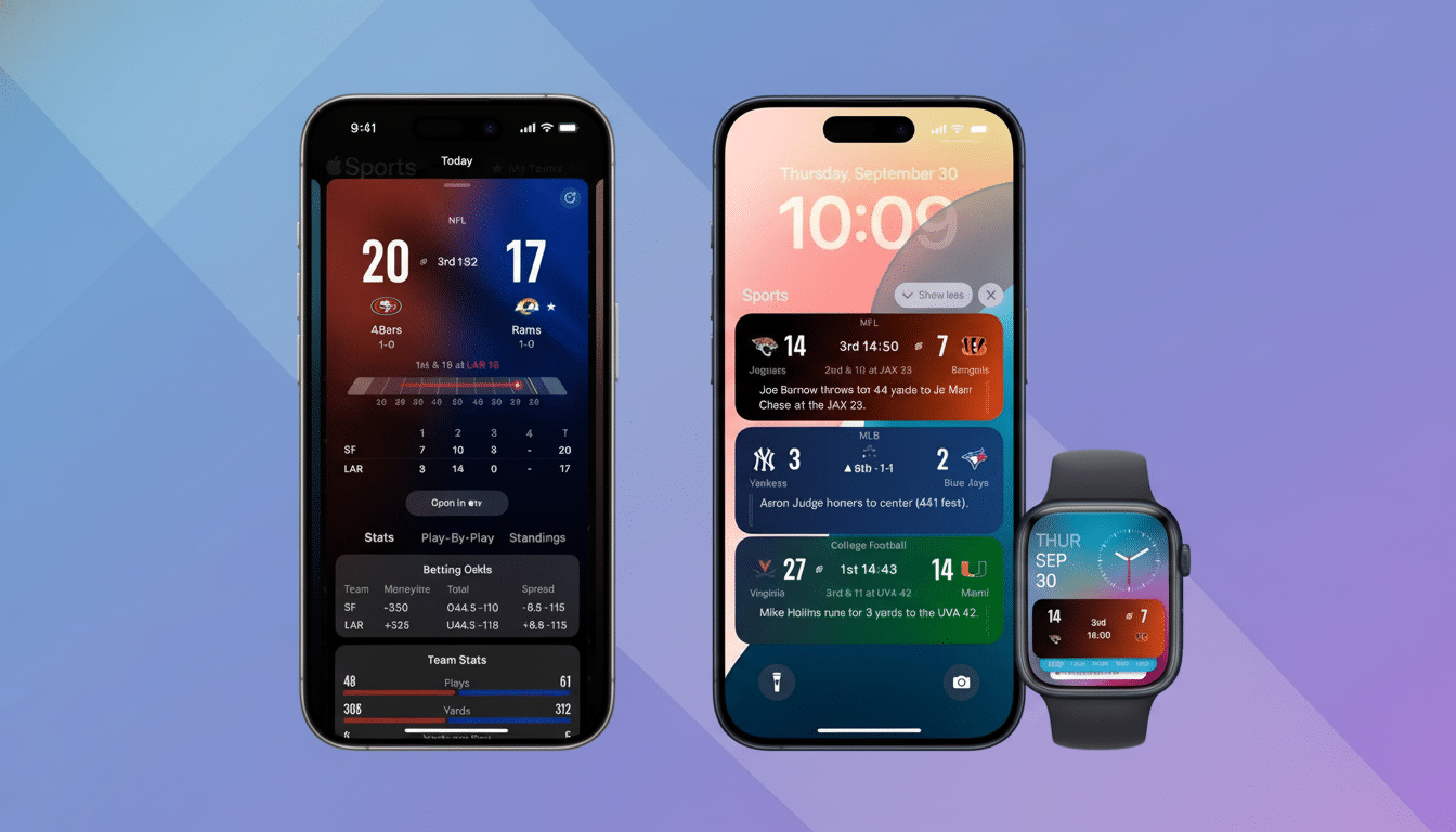 A professional flat design background with a soft gradient behind two iPhones displaying sports scores and an Apple Watch also showing sports informat