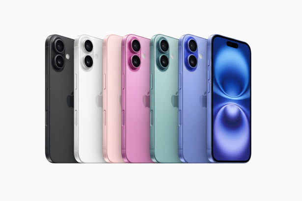 Six iPhones in various colors ( black, white, pink, mint green, lavender, and blue) are displayed in a row, with the blue phone facing forward to show