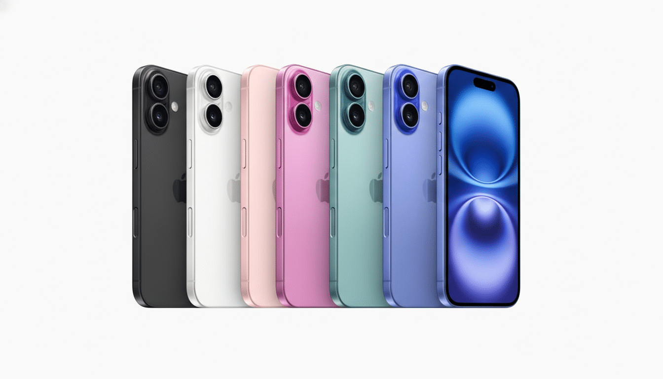 Six iPhones in various colors ( black, white, pink, mint green, lavender, and blue) are displayed in a row, with the blue phone facing forward to show