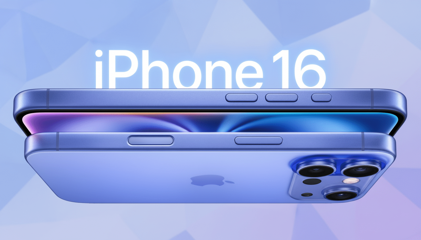 Two purple iPhone 16 devices, one resting on the other, with iPhone 1 6 glowing above them.