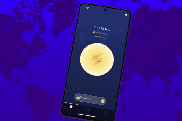 A smartphone displaying a VPN app with a lightning bolt icon, showing a connected status and location in Ashburn, USA , set against a global map background. Filename : v pnapp connected ash burn. png