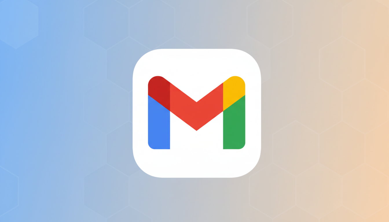 The Gmail app icon, featuring a stylized M in Googles signature red, blue, green, and yellow colors, centered on a white rounded square. The icon is set against a professional flat design background with a soft blue-to-orange gradient and subtle hexagonal patterns.