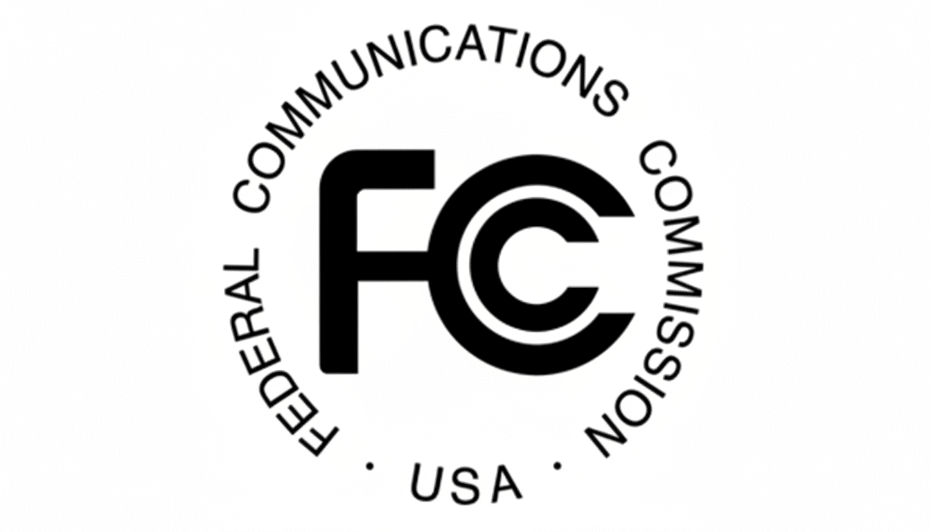 The official logo of the Federal Communications Commission (FCC ) in black on a white background , featuring the letters FC prominently within a circular border that reads FEDERAL COMMUNICATIONS COMMISSION • USA.
