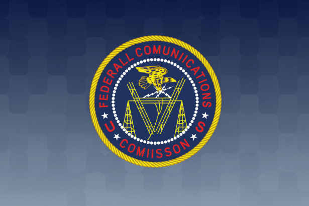The Federal Communications Commission ( FCC) logo is centered on a dark blue background with a subtle square pattern. The logo itself is a circular seal with a dark blue center , bordered by a yellow rope - like ring and a red outer ring. White stars are interspersed along the red ring. The words U.S . FEDERAL COMMUNICATIONS COMMISSION are written in white capital letters within the red ring. The central emblem features a yellow stylized eagle perched above white lightning bolts, all atop a stylized structure made of yellow lines.