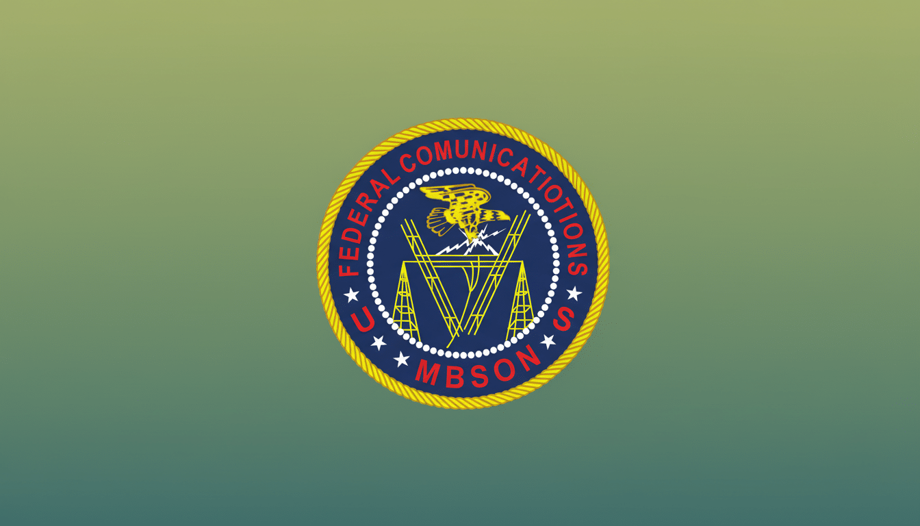 A 16: 9 aspect ratio image of the US Federal Communications Commission ( FCC) logo, presented against a soft green and yellow gradient background. The