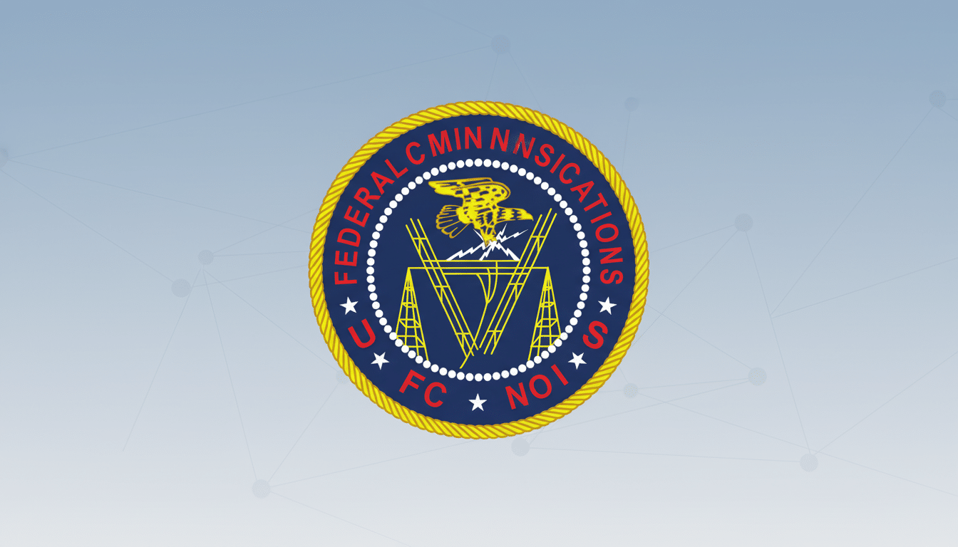 The resized Federal Communications Commission ( FCC) seal is centered on a professional flat design background with a subtle gradient and soft network