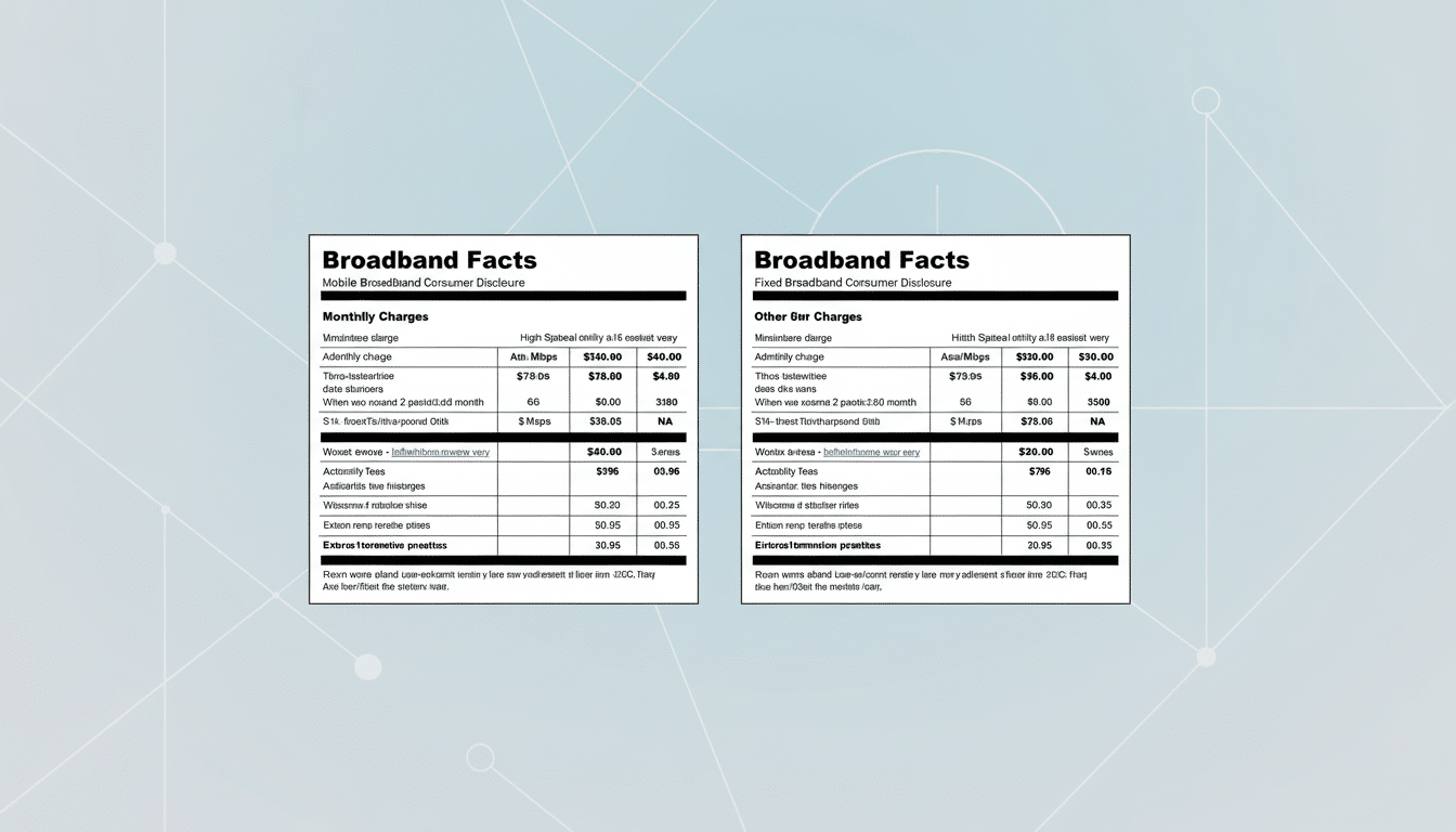 Comparison of two Broadband Facts documents side -by-side , detailing mobile and fixed broadband consumer disclosures .
