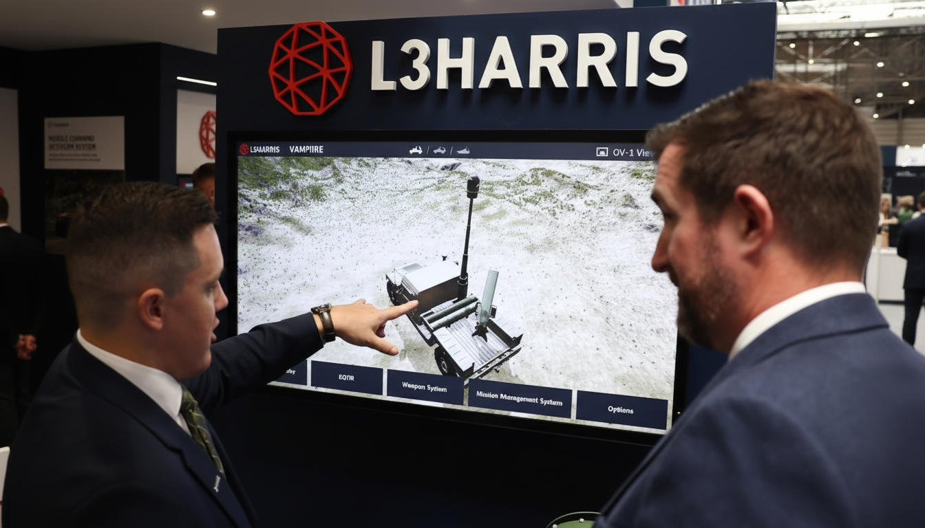 Two men in suits looking at a large screen displaying a 3D model of a military vehicle, with one man pointing at the screen. The screen has "L3HARRIS" and "VAMPIRE" visible.