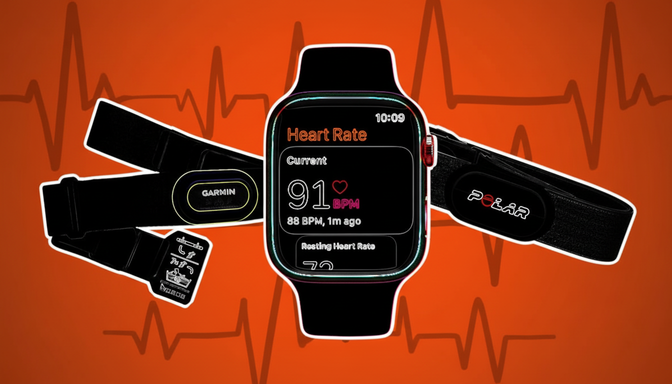 A smartwatch displaying a heart rate of 91 BPM, flanked by a Garmin heart rate monitor strap and a Polar heart rate monitor strap, all against an orange background with a subtle heart rate graph pattern.