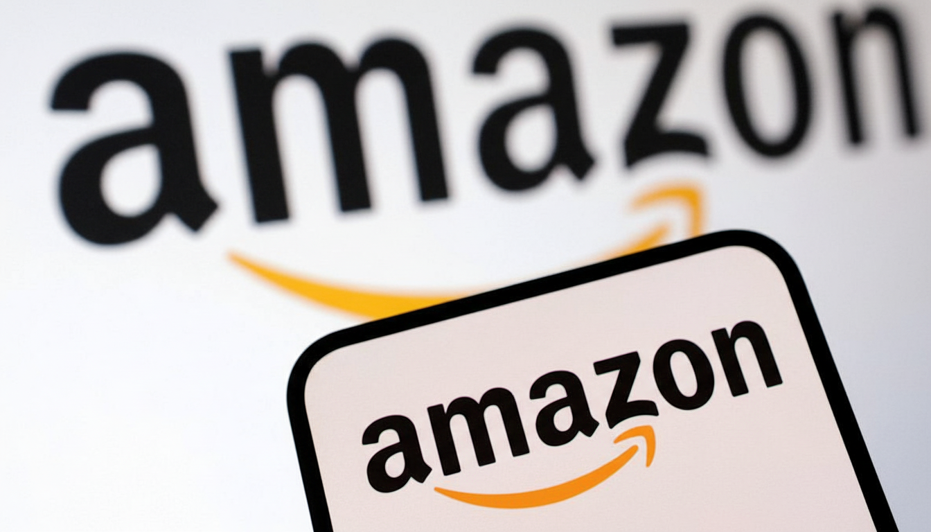 The Amazon logo displayed on a smartphone screen in the foreground, with a larger, blurred Amazon logo in the background, set against a white backdrop.