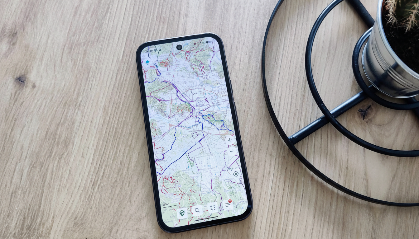 A smartphone displaying a map application, resting on a wooden surface next to a plant in a pot.