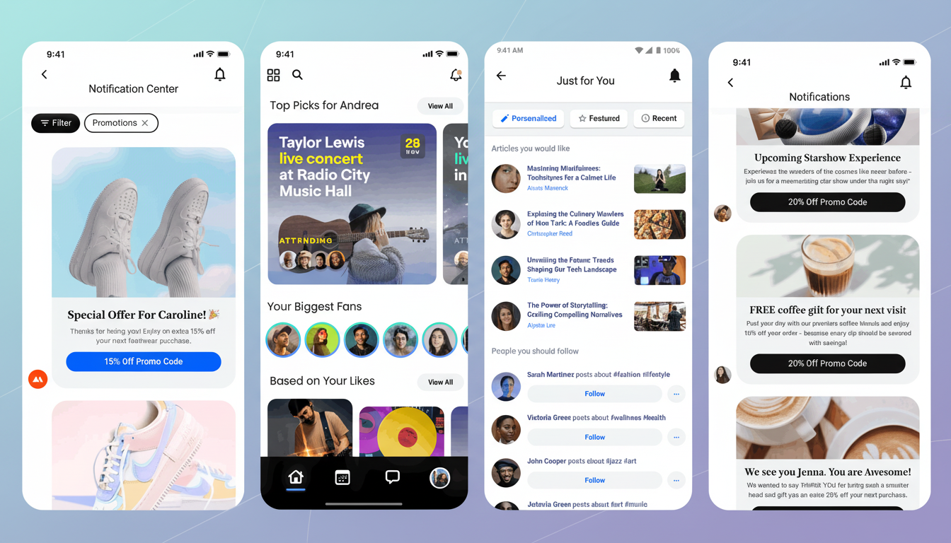 A professional, enhanced image of four mobile phone screens displaying various app interfaces, including a notification center with shoe promotions, a music app with concert details and fan profiles, a personalized content feed with articles and people to follow, and a notifications screen with promotional offers for a Starshow Experience and coffee.