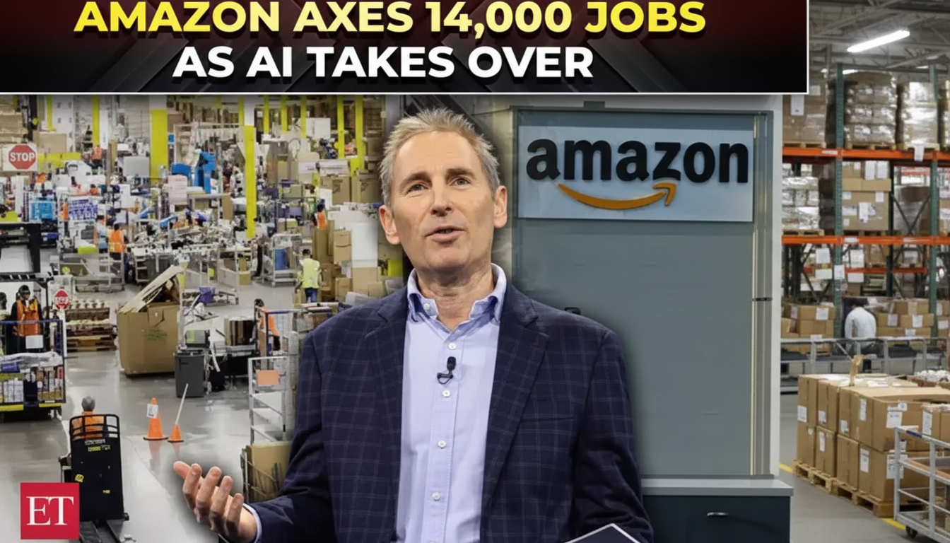 A man in a suit stands in front of a split background, with an Amazon warehouse on the left and an Amazon logo on a building on the right. Text at the top reads AMAZON AXES 14,000 JOBS AS AI TAKES OVER.