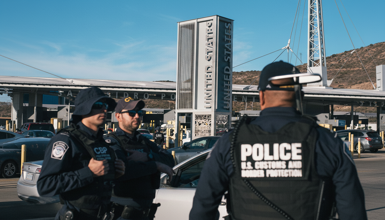 Three U.S. Customs and Border Protection officers stand at a border crossing under a clear blue sky, with a large UNITED STATES sign in the background.