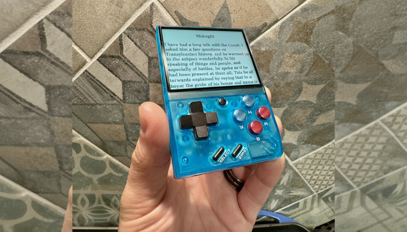 A hand holding a blue transparent handheld gaming device displaying text from a book, with a tiled background.