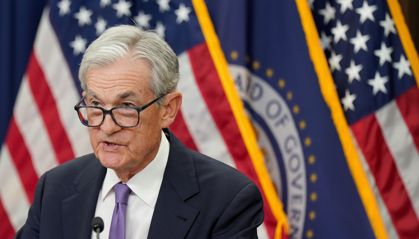 A man with gray hair and glasses, wearing a suit and purple tie, speaks at a podium with American flags and a Board of Governors seal in the background.