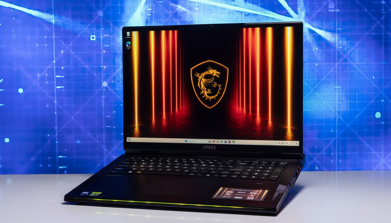 A black MSI gaming laptop with a glowing dragon logo on the screen, set against a blue background with a grid pattern.