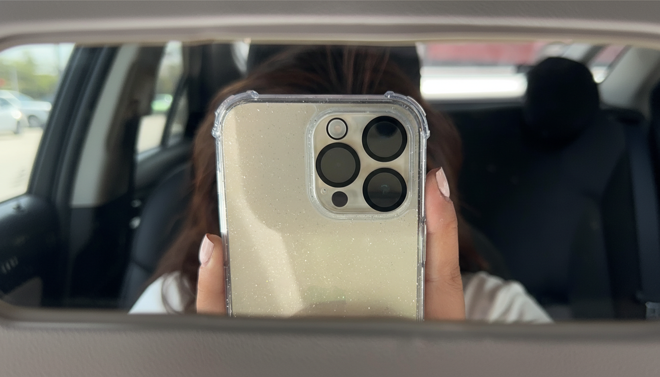 A person holding a gold iPhone with a clear, glittery case, reflected in a cars rearview mirror.