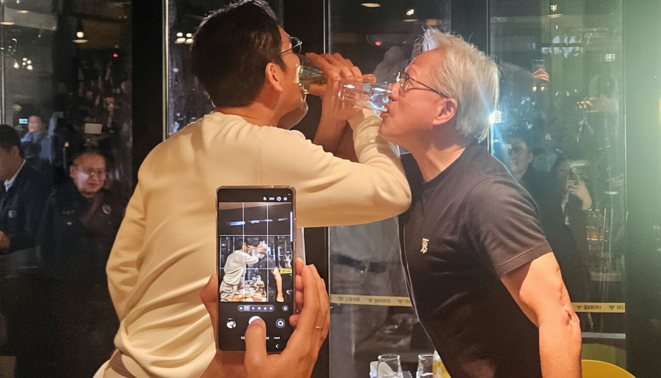 Two men in glasses drink from bottles, with a phone in the foreground capturing the moment.