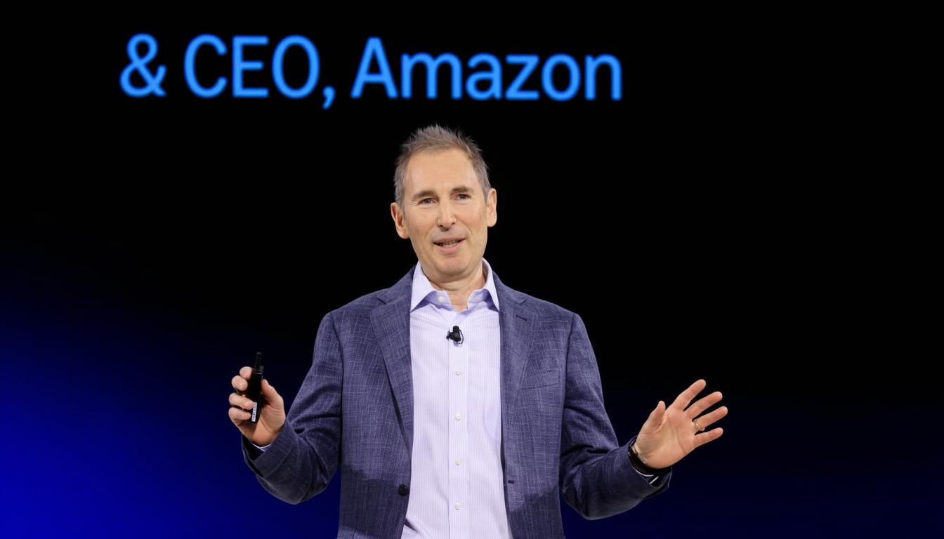 Andy Jassy, CEO of Amazon, speaking on stage with a microphone and gesturing with his hands, against a dark background with text & CEO, Amazon visible.