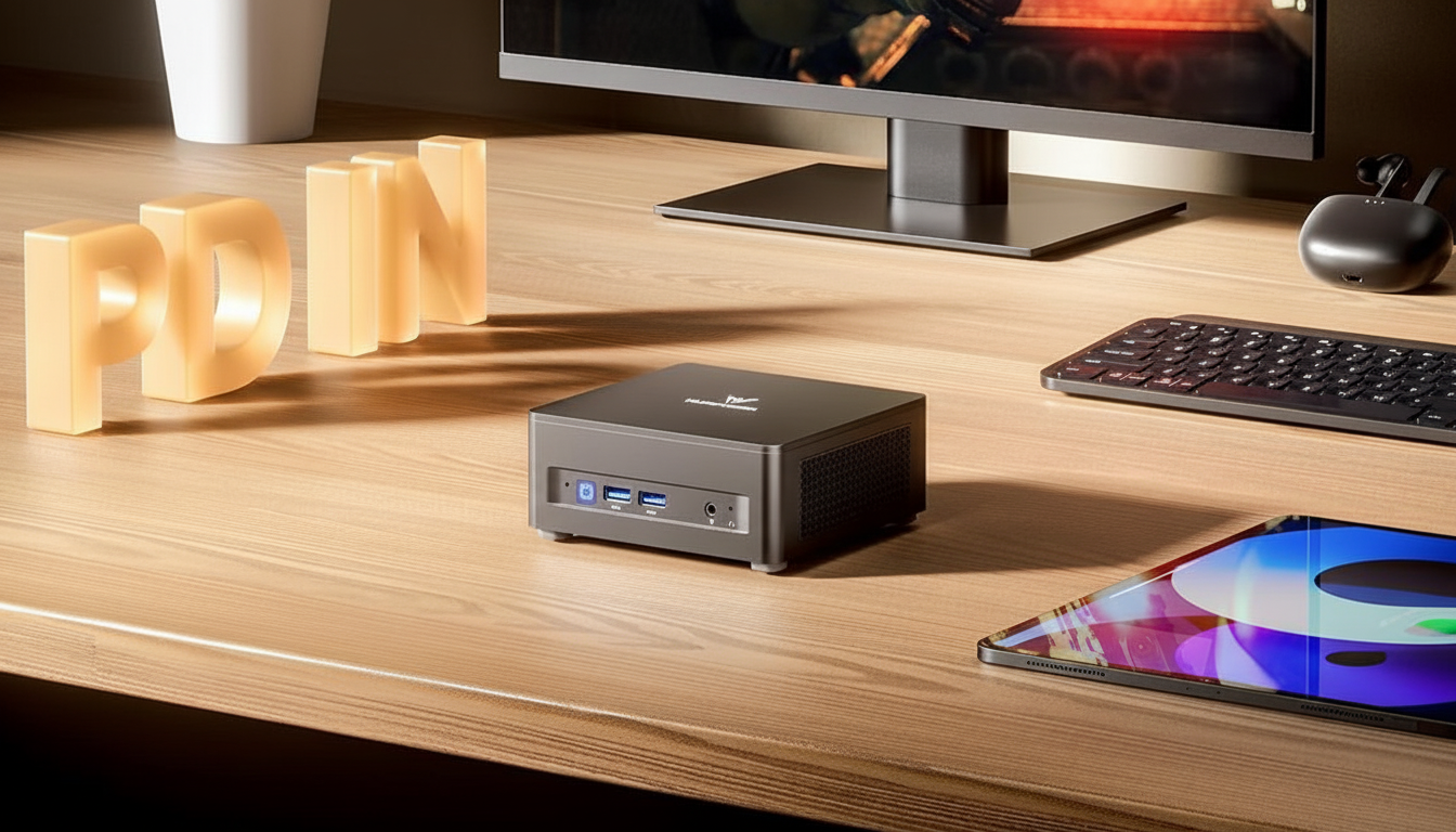 A mini PC on a wooden desk with a monitor, keyboard, and tablet.
