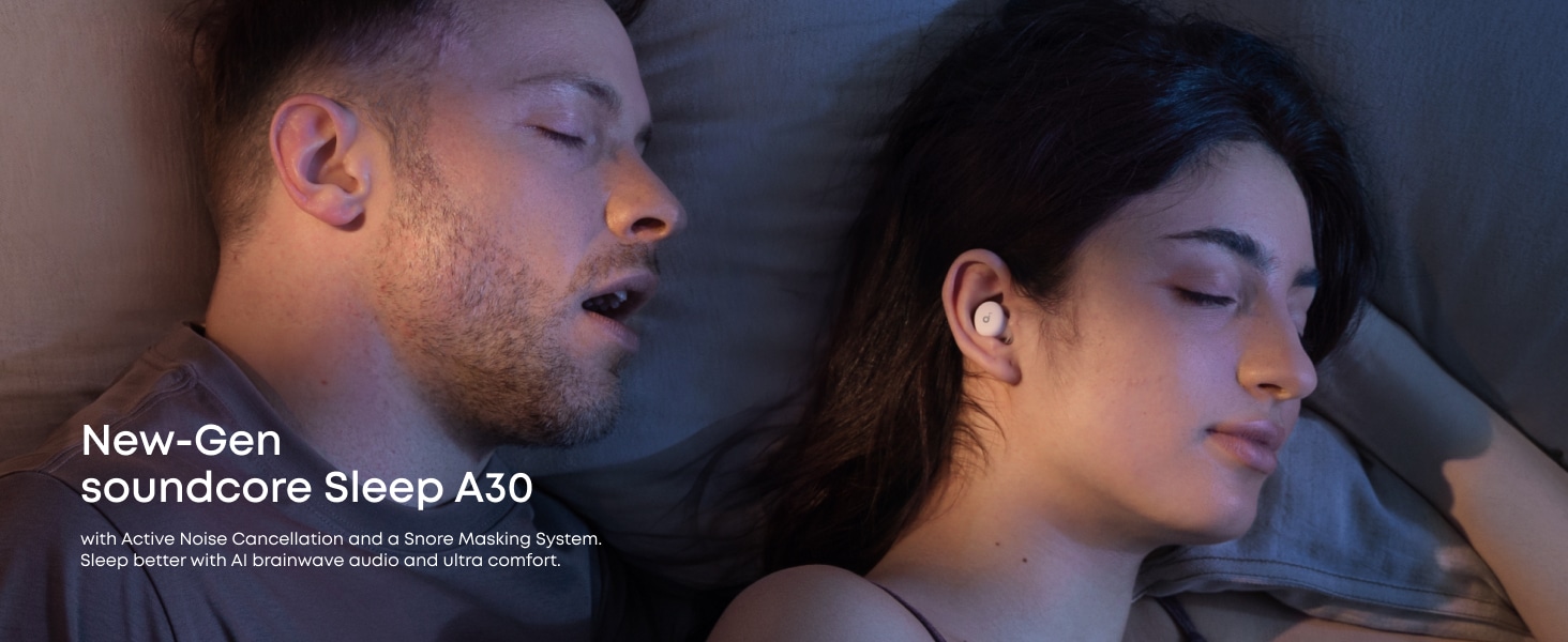 Sleep-focused earbuds with active noise cancellation resting on a bedside table at night.