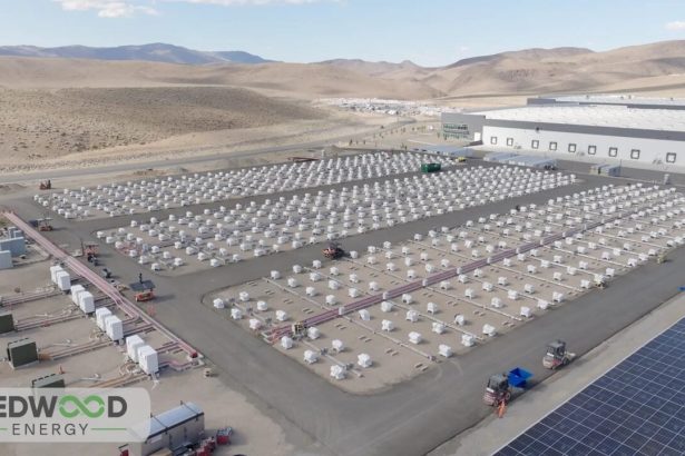 Repurposed EV batteries in second-life storage racks at a grid-scale facility