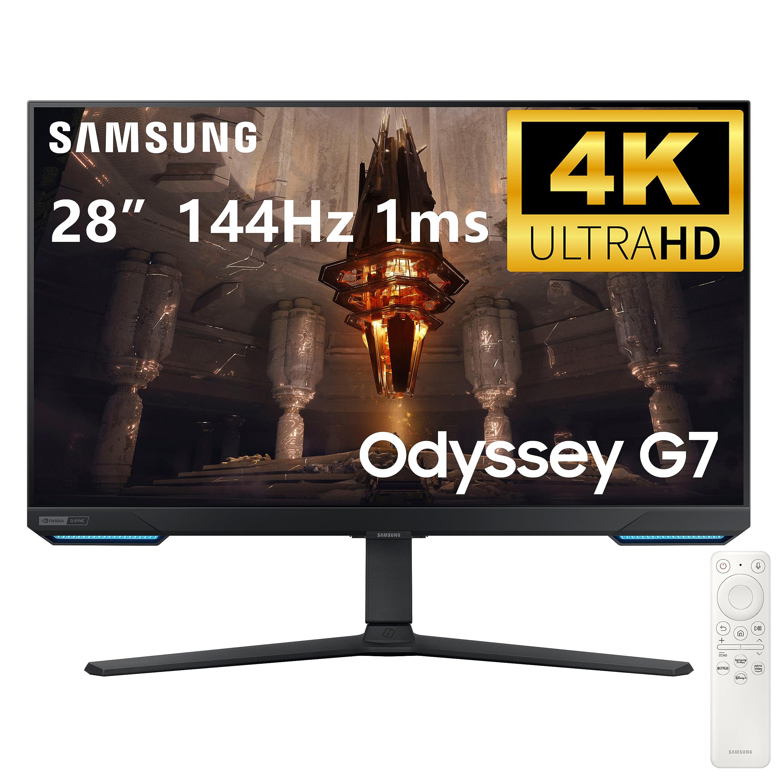 Samsung Odyssey G7 curved gaming monitor on a desk, front view
